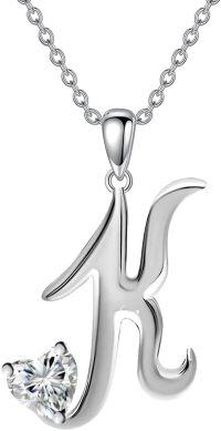 wholesale 18K White Gold Plated 925 Sterling Silver A-Z Initial Necklace with 4mm Heart Moissanite for Women-Initial K