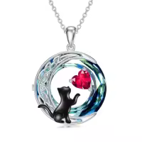TOUPOP Sterling Silver & Birthstone Black Cat Celtic Moon Necklace-color_name:07-July-Ruby