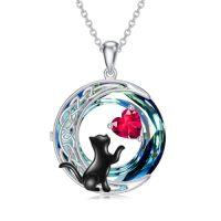 wholesale TOUPOP Cat Gifts For Cats Lovers 925 Sterling Silver Black Cat Necklace Celtic Moon Birthstone Jewelry For Women Christmas Birthday Gifts For Her -color_name:07-July-Ruby