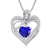 wholesale 925 Sterling Silver Double Heart Rose Necklace With 12 Birthstone Jewelry Birthday Anniversary Christmas Gifts For Her Wife Girlfriend Mom -color_name:9-Spe-Sapphire