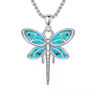 TOUPOP Sterling Silver Opal Hummingbird Horse Phoenix Wolf Butterfly Dragonfly Animal Necklace-style_name:Dragonfly-Turquoise