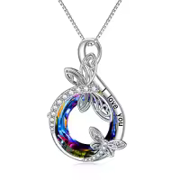 TOUPOP Sterling Silver Crystal Dragonfly Butterfly Pendant Necklace-style_name:B-Dragonfly Necklace-I love you-Volcano Circle Crystal