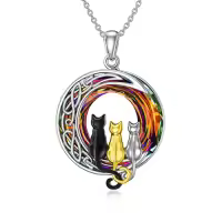 TOUPOP Sterling Silver Blue Crystal Cats On The Moon Pendant Necklace-color_name:3 Cats(Black, Yellow Gold, and Silver)-Volcano Crystal-03-A