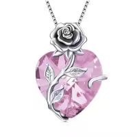 TOUPOP Sterling Silver Birthstone Rose Flower Heart Pendant Necklace-color_name:10-Oct - Created Pink Tourmaline