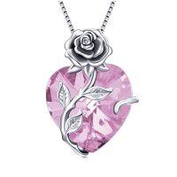 wholesale TOUPOP Christmas Gifts For Women Birthstone Necklace 925 Sterling Silver Rose Flower Heart Pendant Necklace Fine Jewelry Anniversary Birthday Gifts For Women Her Wife Girlfriend Mom -color_name:10-Oct - Created Pink Tourmaline