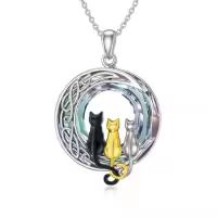 TOUPOP Sterling Silver Crystal Cat Moon Pendant Necklace-style_name:3 Cats(Black, Yellow Gold, and Silver)-Purple Crystal