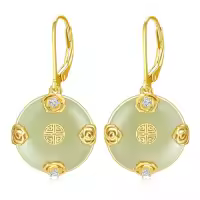 TOUPOP 14K Gold Plated Sterling Silver Round Natural Jade Earrings-style_name:C-Rose-Gold