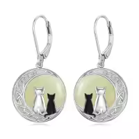 TOUPOP 14K Gold Plated Sterling Silver Round Natural Jade Earrings-style_name:C-Cat Two-White Gold
