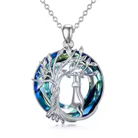 TOUPOP Sterling Silver Blue Crystal Cute Cats Tree Of Life Pendant Necklace-color_name:1 Cat(Silver)-Blue Crystal-01-D