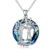 wholesale TOUPOP Cat Gifts For Cat Lovers Sterling Silver Cute Cats Tree Of Life Pendant Necklace With Blue Circle Crystal Birthday Christmas Jewelry Gifts For Women -color_name:1 Cat(Silver)-Blue Crystal-01-D