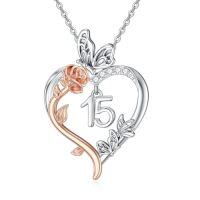wholesale TOUPOP Gifts For Her Rose Heart Necklace 925 Sterling Silver Heart Butterfly Pendant Sweet Year Old Jewelry Anniversary Birthday Christmas Gifts Women Girlfriend Wife Mom Grandma -style_name:15th