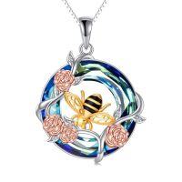 wholesale TOUPOP Hummingbird/dragonfly/butterfly/bee Necklace 925 Sterling Silver Rose Flower Insect Pendant Blue Circle Crystal Jewelry Christmas Gifts For Women -style_name:Bee