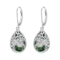 TOUPOP Sterling Silver Gemstone Celtic Tree of Life Teardrop Leverback Earrings-color_name:Moss Agate