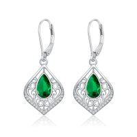 wholesale TOUPOP Filigree Leverback Earrings Sterling Silver Teardrop Drop Dangle Earrings Jewelry Anniversary Birthstone Christmas Gifts For Women Her -color_name:Emerald