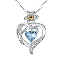 TOUPOP Sterling Silver & Birthstone Heart Birth Flower Pendant Necklace-style_name:3-March-Daffodils