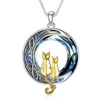 TOUPOP Sterling Silver Crystal Cat Moon Pendant Necklace-style_name:2 Cats(Yellow Gold and Yellow Gold)-Blue Crystal