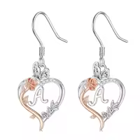 TOUPOP 925 Sterling Silver Rose Heart Butterfly Earrings Jewelry Gifts-style_name:Initial A