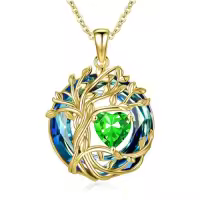 TOUPOP Sterling Silver Austrian Crystal Tree Of Life Birthstone Necklace-color_name:05-May-Emerald,style_name:18K Gold-Blue Crystal
