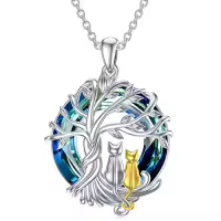 TOUPOP Sterling Silver Blue Crystal Cute Cats Tree Of Life Pendant Necklace-color_name:2 Cats(Silver And Yellow Gold)-Blue Crystal-02-C