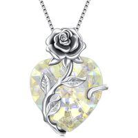 wholesale TOUPOP Christmas Gifts For Women Birthstone Necklace 925 Sterling Silver Rose Flower Heart Pendant Necklace Fine Jewelry Anniversary Birthday Gifts For Women Her Wife Girlfriend Mom -color_name:4-April-White Zirconia