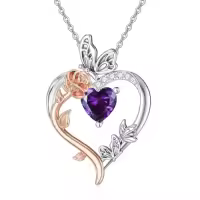 TOUPOP Sterling Silver Rose Heart Birthstone Necklace Butterfly Pendant-color_name:02-February-Amethyst