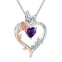 wholesale TOUPOP Rose Heart Birthstone Necklace 925 Sterling Silver Heart Butterfly Pendant Love Jewelry Birthday Christmas Gifts For Women Her -color_name:02-February-Amethyst