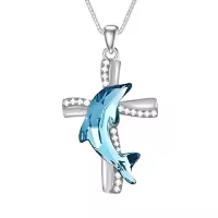 TOUPOP Sterling Silver Crystal Dolphin Necklace Women's Jewelry Gifts-color_name:Silver-Cross Dolphin
