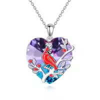 TOUPOP Sterling Silver Crystal Red Cardinal Pendant Necklace Bird Memorial Jewelry Gift-style_name:Red Cardinal Necklace with Purple Heart Crystal