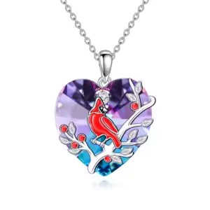 Red Cardinal Necklace with Purple Heart Crystal