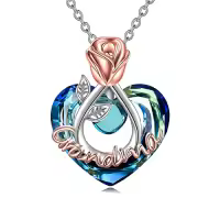 TOUPOP Sterling Silver Crystal Rose Flower Love Heart Necklaces Jewelry Gifts-style_name:Grandma Necklace with Heart Crystal-Rose flower