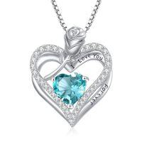 wholesale 925 Sterling Silver Double Heart Rose Necklace With 12 Birthstone Jewelry Birthday Anniversary Christmas Gifts For Her Wife Girlfriend Mom -color_name:12-Dec-Blue Topaz