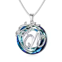 TOUPOP Sterling Silver Blue Crystal Tree Of Life Initial Letter Pendant Necklace-style_name:Alphabet W