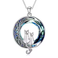 TOUPOP Sterling Silver Crystal Cat Moon Pendant Necklace-style_name:2 Cats(Silver and Silver)-Blue Crystal