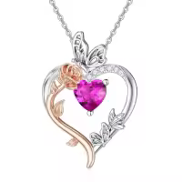 TOUPOP Sterling Silver Rose Heart Birthstone Necklace Butterfly Pendant-color_name:10-October-Pink Tourmaline