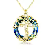 TOUPOP Sterling Silver Austrian Crystal Tree Of Life Necklace For Women-color_name:03-Gold-Blue Crystal