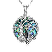wholesale TOUPOP Cat Gifts For Cat Lovers Sterling Silver Cute Cats Tree Of Life Pendant Necklace With Blue Circle Crystal Birthday Christmas Jewelry Gifts For Women -color_name:2 Cats(Black And Silver)-Abalone Shell-02-A