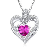 wholesale 925 Sterling Silver Double Heart Rose Necklace With 12 Birthstone Jewelry Birthday Anniversary Christmas Gifts For Her Wife Girlfriend Mom -color_name:10-Oct-Tourmaline