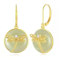 TOUPOP 14K Gold Plated Sterling Silver Round Natural Jade Earrings-style_name:C-Dragonfly-Gold