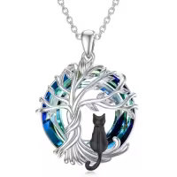 TOUPOP Sterling Silver Blue Crystal Cute Cats Tree Of Life Pendant Necklace-color_name:1 Cat(Black)-Blue Circle Crystal-01-Tree of Life-1