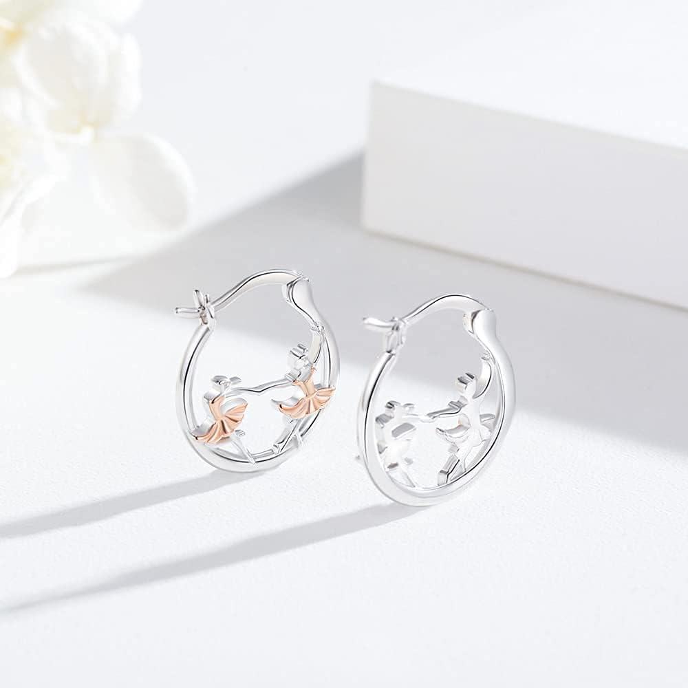 925 Sterling Silver Rose Gold Ballet Dancer Ballerina Huggie Hoop Earrings for Sensitive Ears-0-3