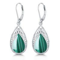 wholesale Filigree Earrings For Women 925 Sterling Silver Teardrop Gemstone Dangle Earrings Fine Jewelry Christmas Gifts For Women -color_name:Malachite