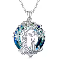 TOUPOP Sterling Silver Blue Crystal Cute Cats Tree Of Life Pendant Necklace-color_name:1 Cat(Silver)-Blue Crystal-01-C