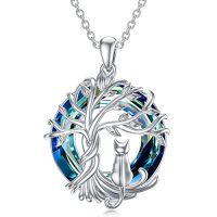 wholesale TOUPOP Cat Gifts For Cat Lovers Sterling Silver Cute Cats Tree Of Life Pendant Necklace With Blue Circle Crystal Birthday Christmas Jewelry Gifts For Women -color_name:1 Cat(Silver)-Blue Crystal-01-C