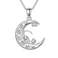 TOUPOP Sterling Silver Celtic Moon Pendant Necklace Cat Owl Polar Bear Animal Jewelry Gift-style_name:Cat