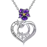 TOUPOP Sterling Silver Birth Flower Mom Necklace I Love You Mom Pendant-style_name:02-February-Violet