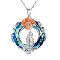TOUPOP Sterling Silver Crystal Mother Daughter Son Necklace Birthday Gifts-style_name:Rose Flower-Mother 1 Children-Blue
