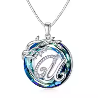 TOUPOP Sterling Silver Blue Crystal Tree Of Life Initial Letter Pendant Necklace-style_name:Alphabet U
