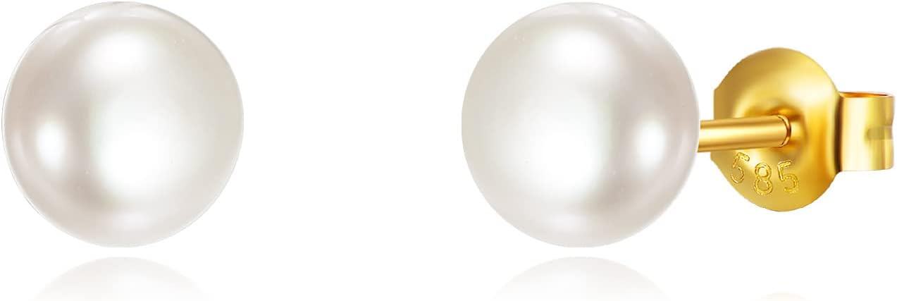 14K Gold Pearl Stud Earrings Flat Back Post Jewelry for Women-6mm