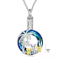 TOUPOP Sterling Silver Crystal Elephant Urn Necklace For Ashes-style_name:Three Elephants-Palm Trees