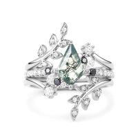 wholesale TOUPOP 3pcs Natural Moss Agate Moissanite Wedding Ring Set For Women Natural Moss Agate Ring Bridal Set 925 Sterling Silver 10k 14k 18k Solid Gold Engraved Egagement Anniversary Ring For Wife -style_name:H Moss Agate Moissanite Ring